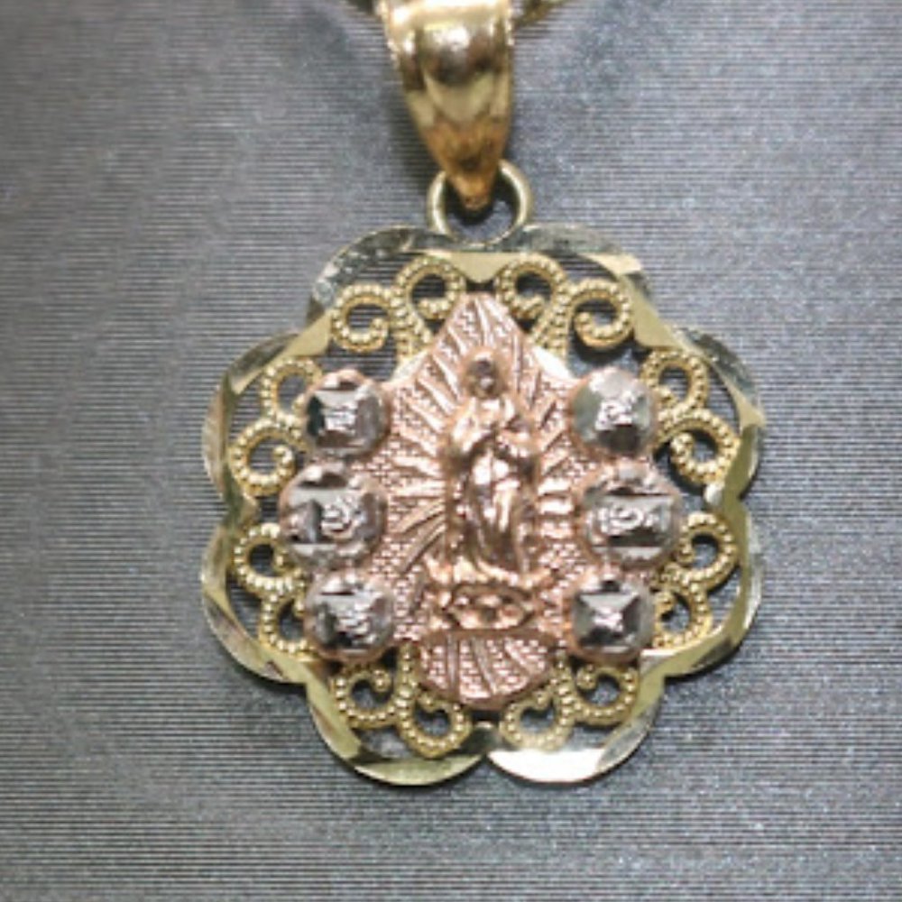 14kt Two-tone Virgin Mary Pendant with 14kt Tri-tone Hollow Trace Chain